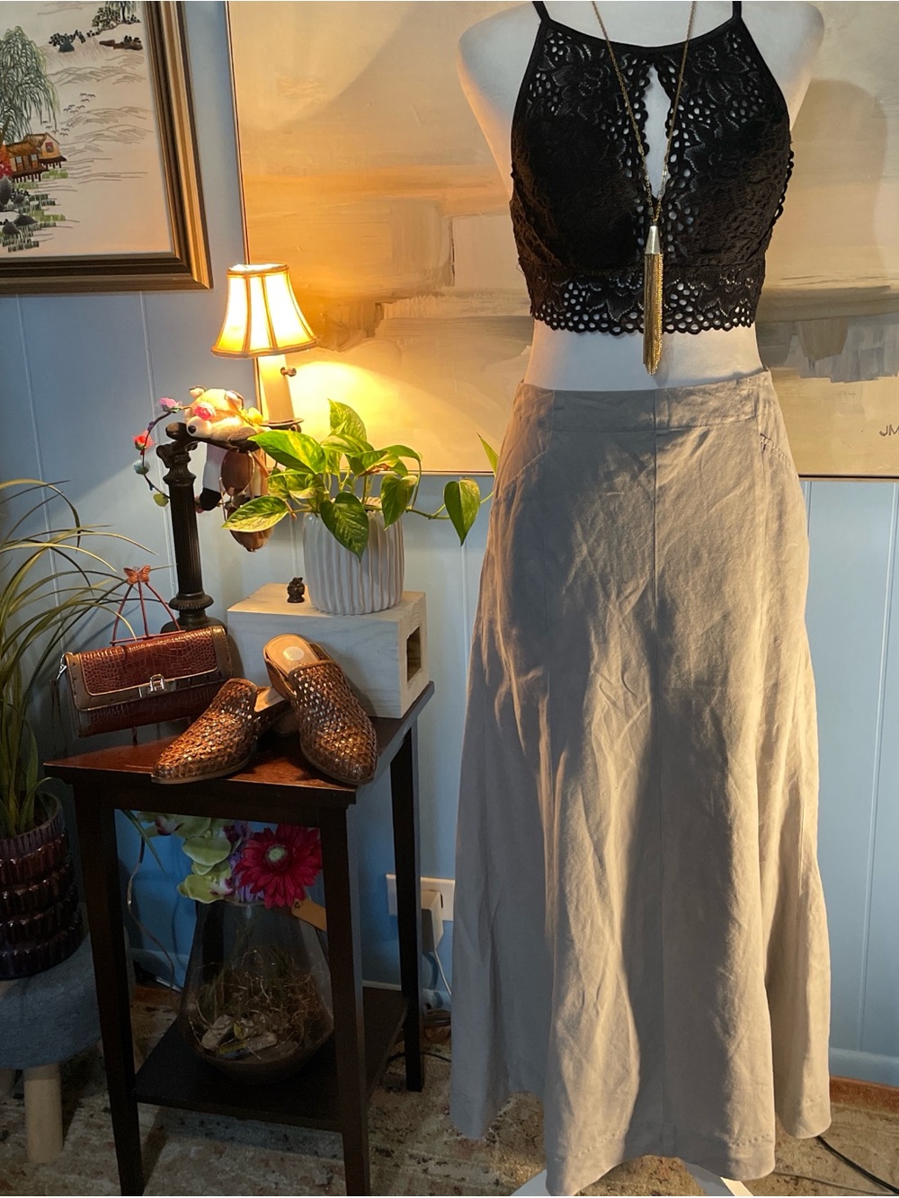 J. Jill Neutral Taupe Maxi Linen Skirt